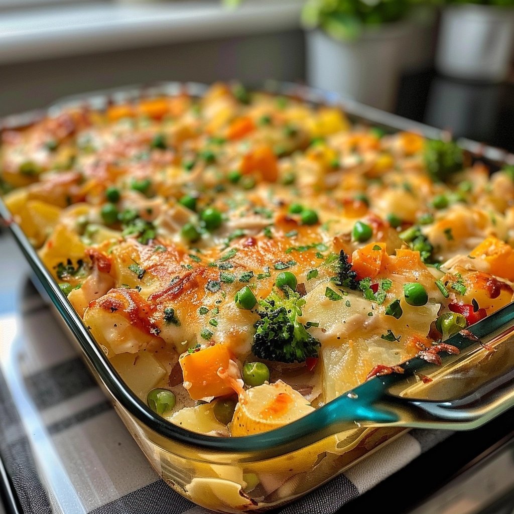 Spring Veggie Loaded Chicken Potato Casserole
