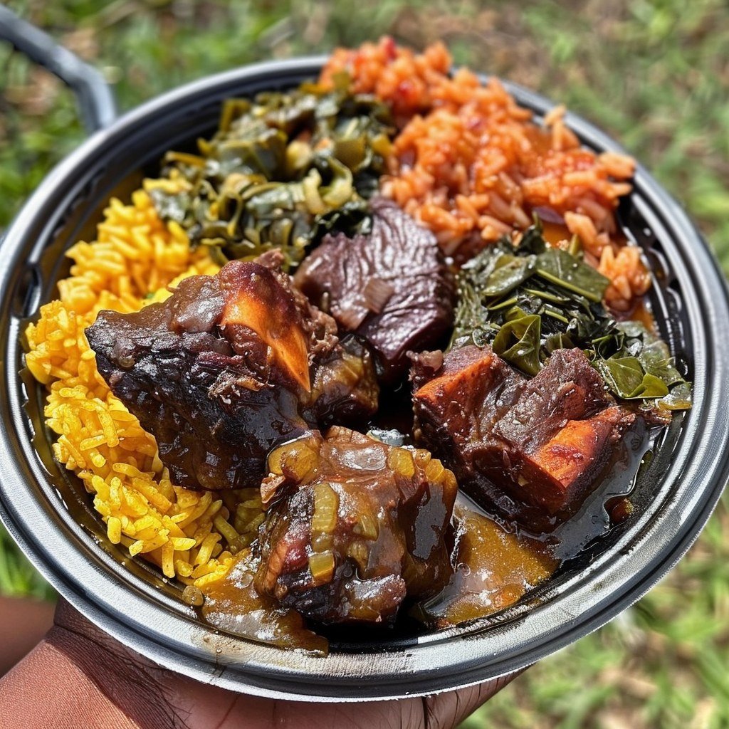 Southern Oxtail Plate : Braised Oxtails with Rice, Collard Greens, and Cornbread