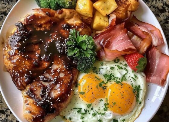 It looks like you've got a delicious breakfast plate here! The meal includes a juicy steak