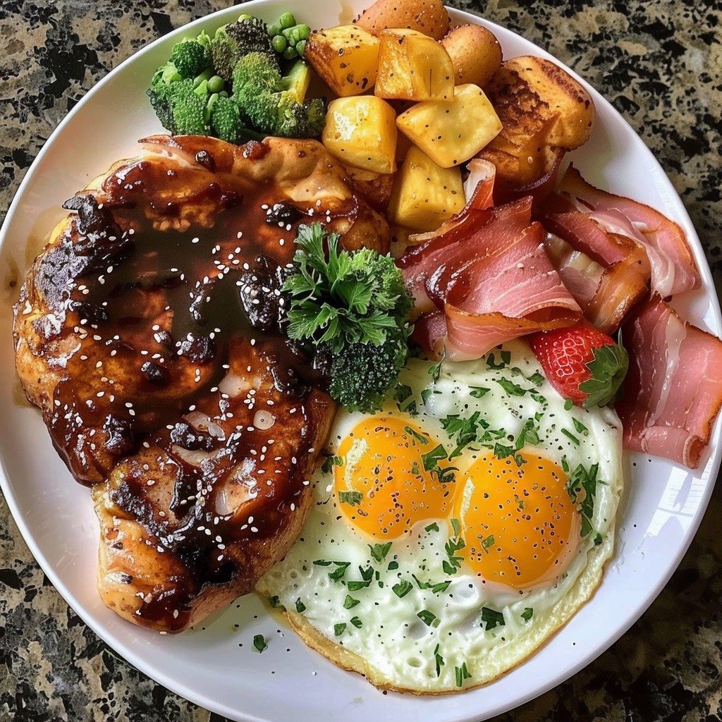 It looks like you’ve got a delicious breakfast plate here! The meal includes a juicy steak, scrambled eggs with cheese, crispy potatoes, and a buttery croissant. Here’s how you can recreate this savory breakfast: