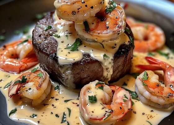 Filet Mignon with Shrimp and Lobster Cream prepared at home with simple ingredients and clear steps.