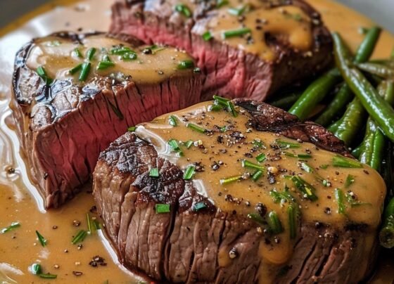 Succulent Filet Mignon Drizzled with Peppercorn Sauce prepared at home with simple ingredients and clear steps.