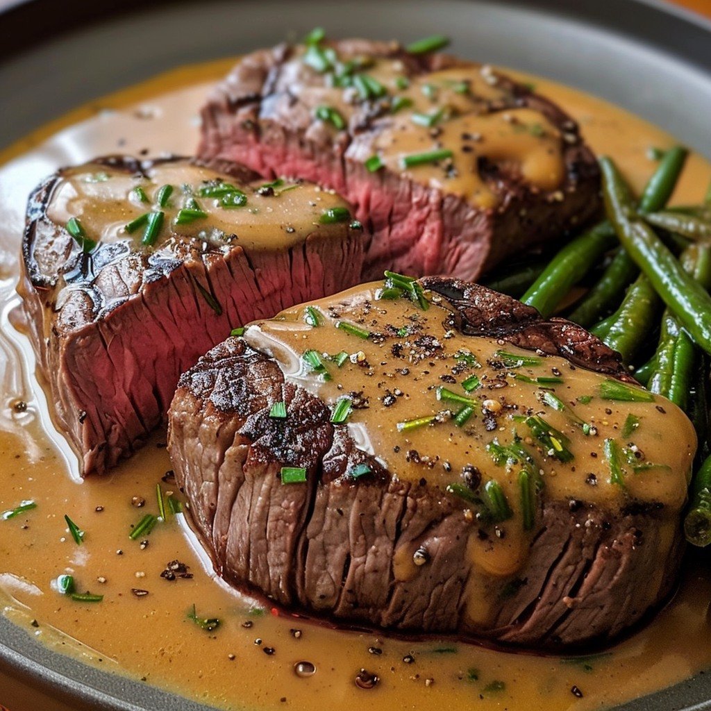 Succulent Filet Mignon Drizzled with Peppercorn Sauce