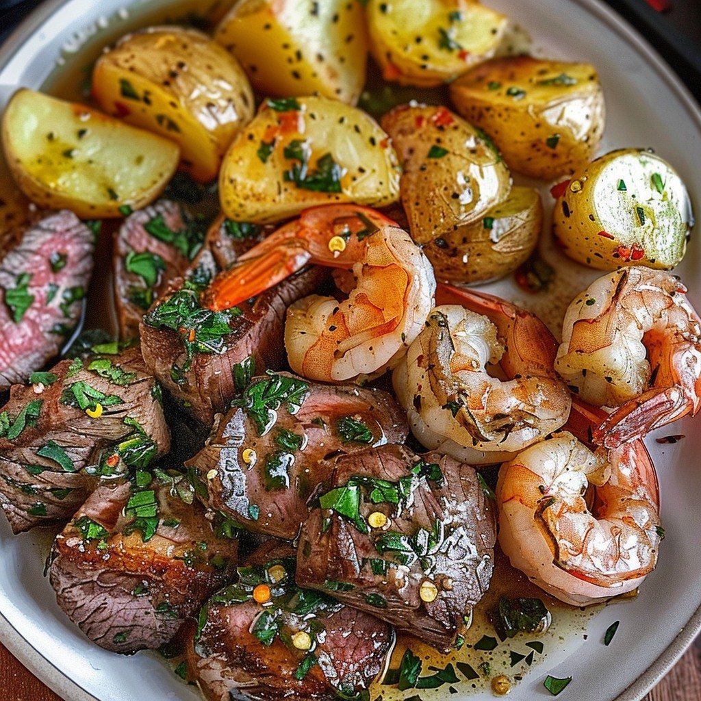 Garlic Butter Shrimp and Steak with Herbed Potatoes