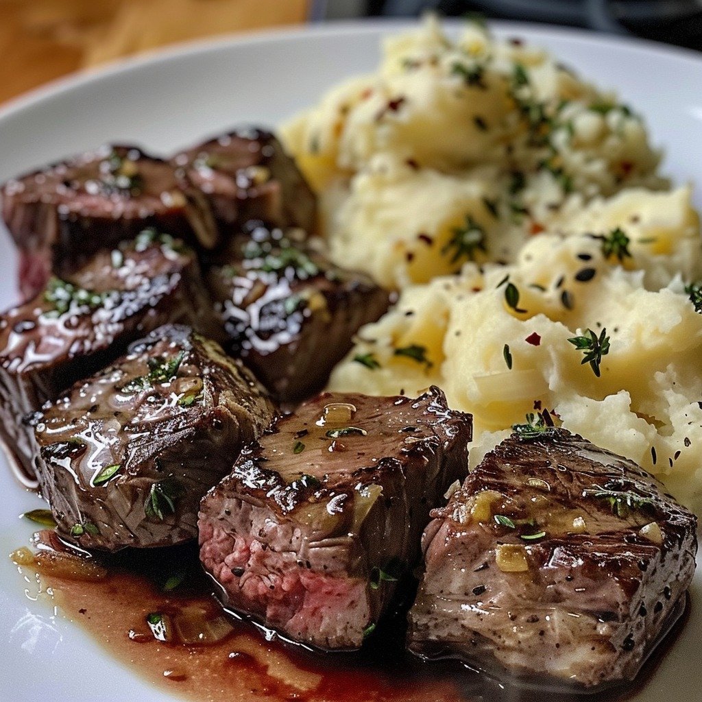 Garlic Butter Steak Bites with Creamy Mashed Potatoes