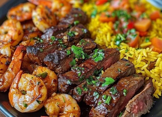 Steak & Shrimp over Yellow Rice prepared at home with simple ingredients and clear steps.