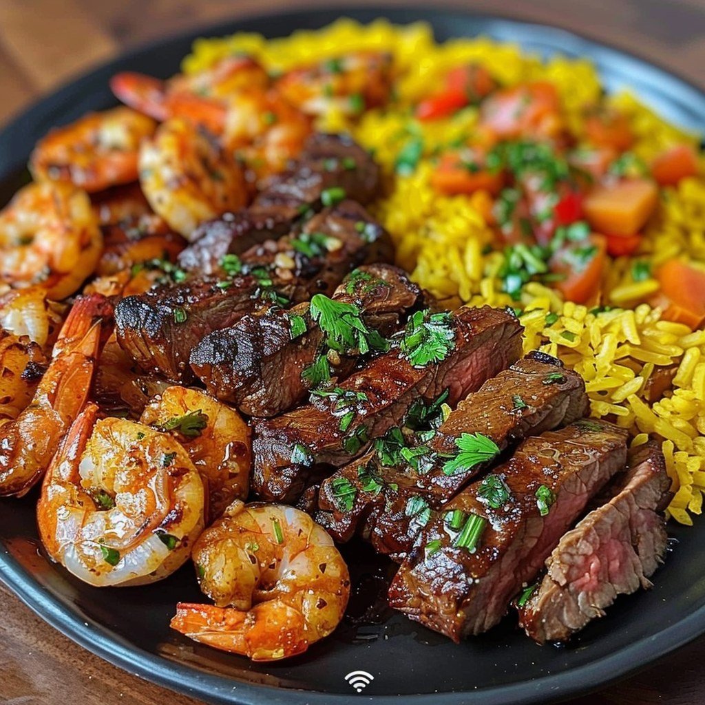 Steak & Shrimp over Yellow Rice