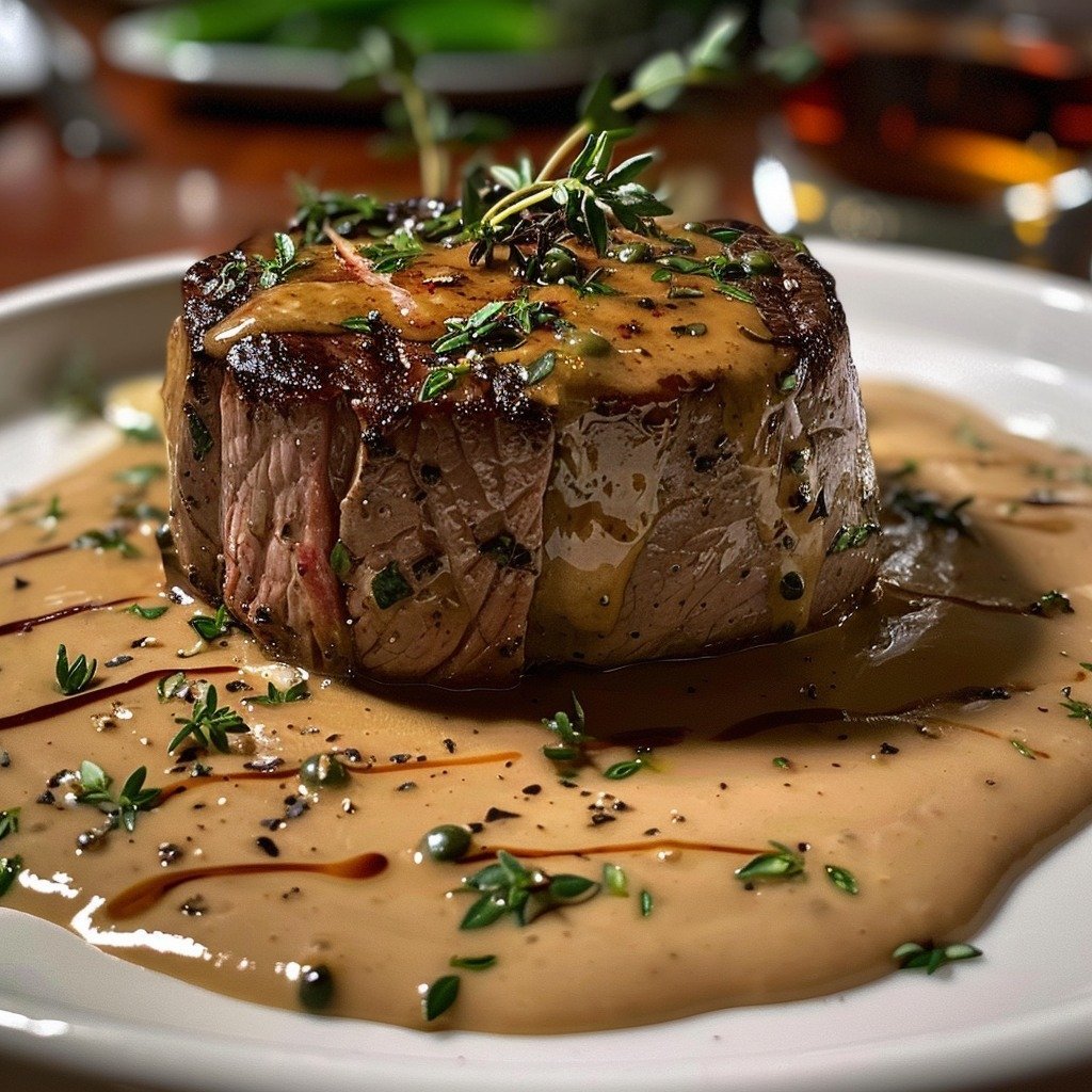 Succulent Filet Mignon Drizzled with Peppercorn Sauce