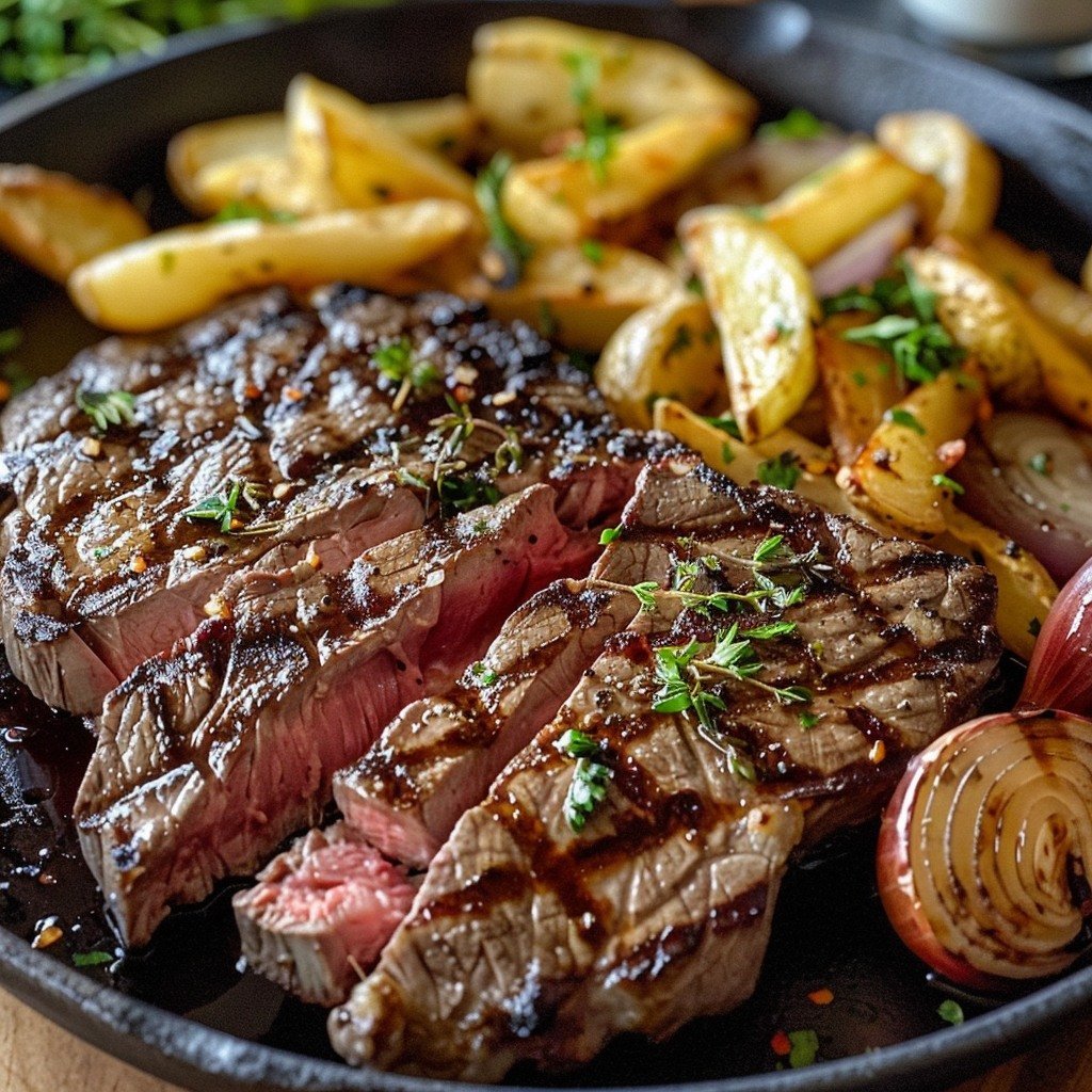 Ribeye Steak with French Onions and French Fries
