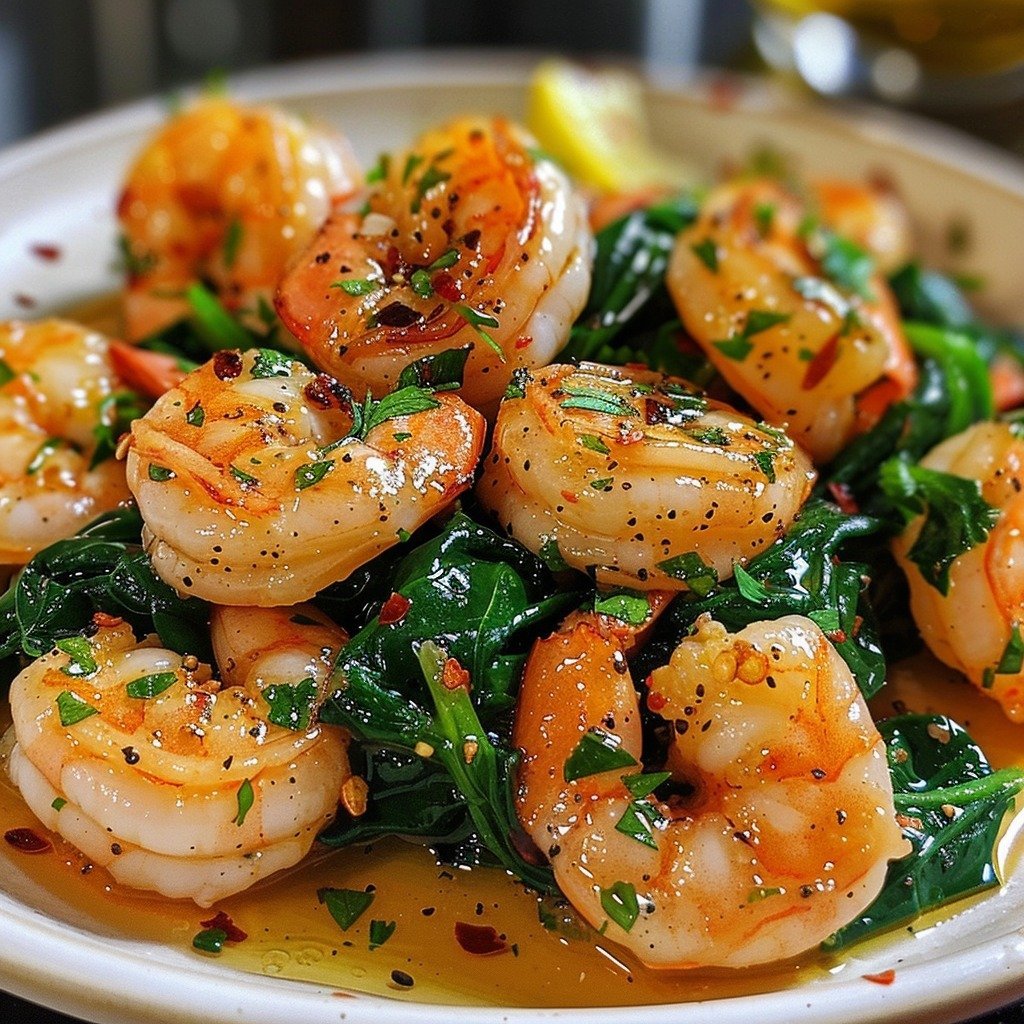 Garlic Butter Shrimp with Sautéed Spinach