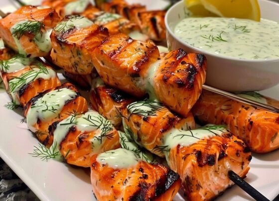 Grilled Salmon Skewers with Creamy Dill Yogurt Sauce prepared at home with simple ingredients and clear steps.