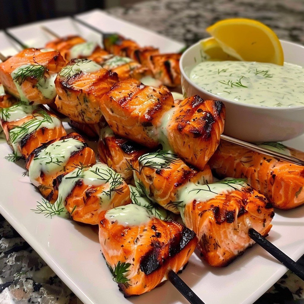 Grilled Salmon Skewers with Creamy Dill Yogurt Sauce
