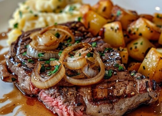 Ribeye Steak with Caramelized Onions and Mashed Potatoes prepared at home with simple ingredients and clear steps.