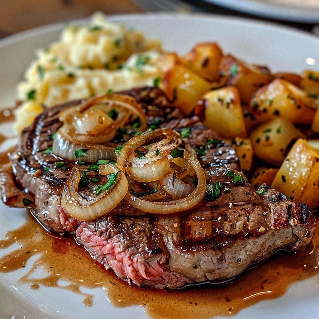 Ribeye Steak with Caramelized Onions and Mashed Potatoes