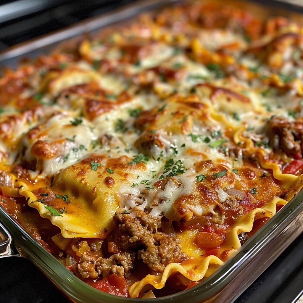Slow Cooker Sausage and Peppers Ravioli Lasagna