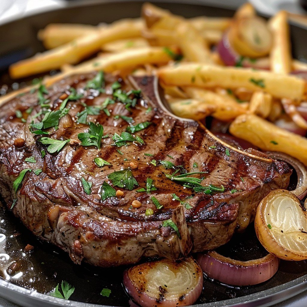Ribeye Steak with French Onions and French Fries