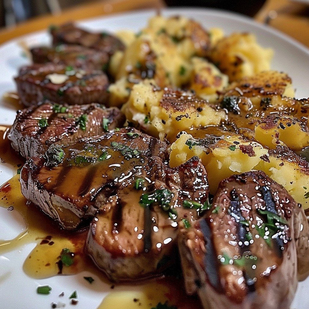 Garlic Butter Steak Bites & Cheesy Smashed Potatoes