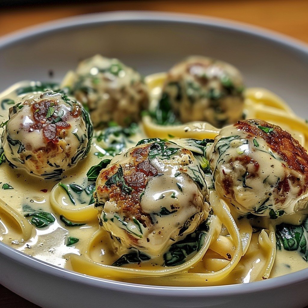 Chicken Ricotta Meatballs with Spinach Alfredo Sauce