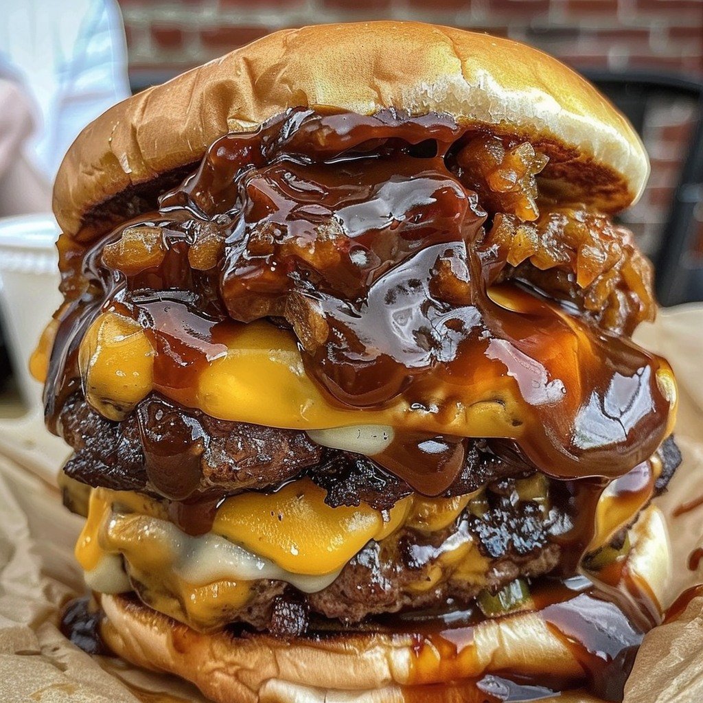 Triple Smash Cheeseburger with Caramelized Onions and BBQ Sauce