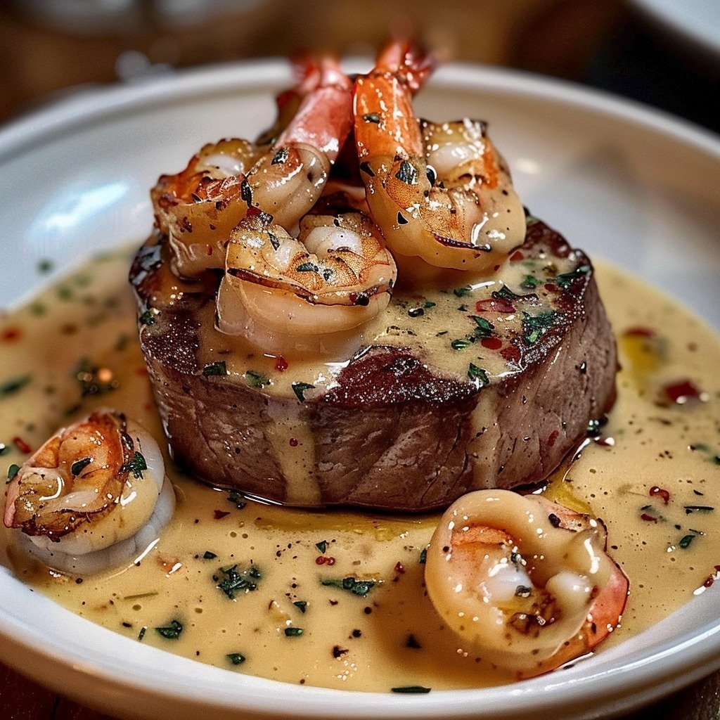 Filet Mignon with Shrimp and Lobster Cream Sauce