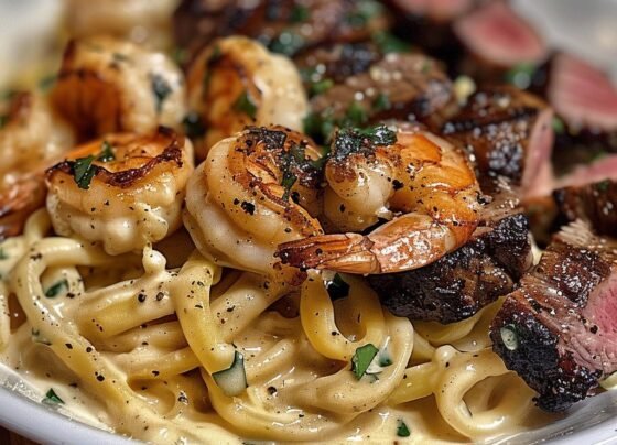 Blackened Steak and Shrimp Alfredo prepared at home with simple ingredients and clear steps.