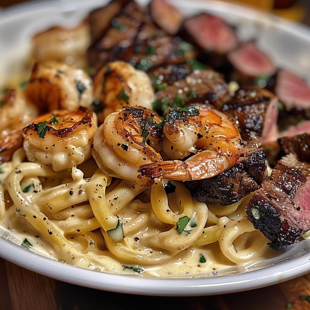Blackened Steak and Shrimp Alfredo