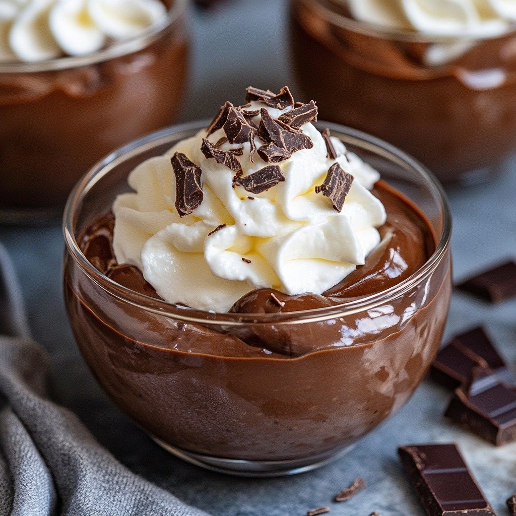 Chocolate Pudding – A Rich, Smooth, and Creamy Chocolate-Flavored Dessert, Perfectly Topped with Whipped Cream