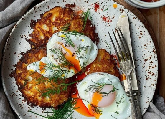 Turkish Poached Eggs (Çılbır) with Crispy Potato Fritters prepared at home with simple ingredients and clear steps.