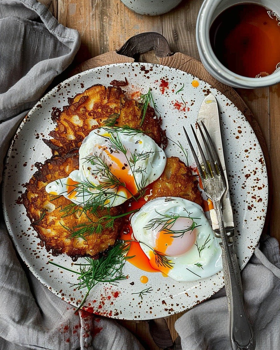 Turkish Poached Eggs (Çılbır) with Crispy Potato Fritters
