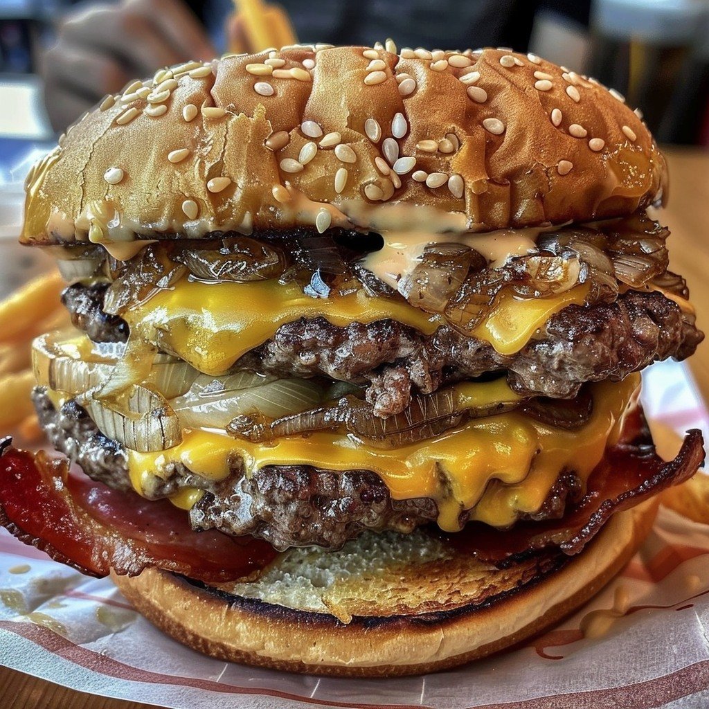 Ultimate Triple Cheeseburger with Caramelized Onions and Special Sauce