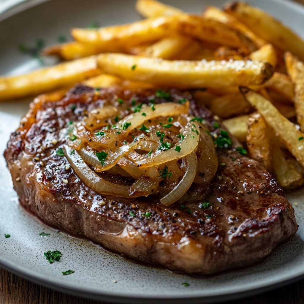Delicious Ribeye Steak with Caramelized French Onions and Golden French Fries