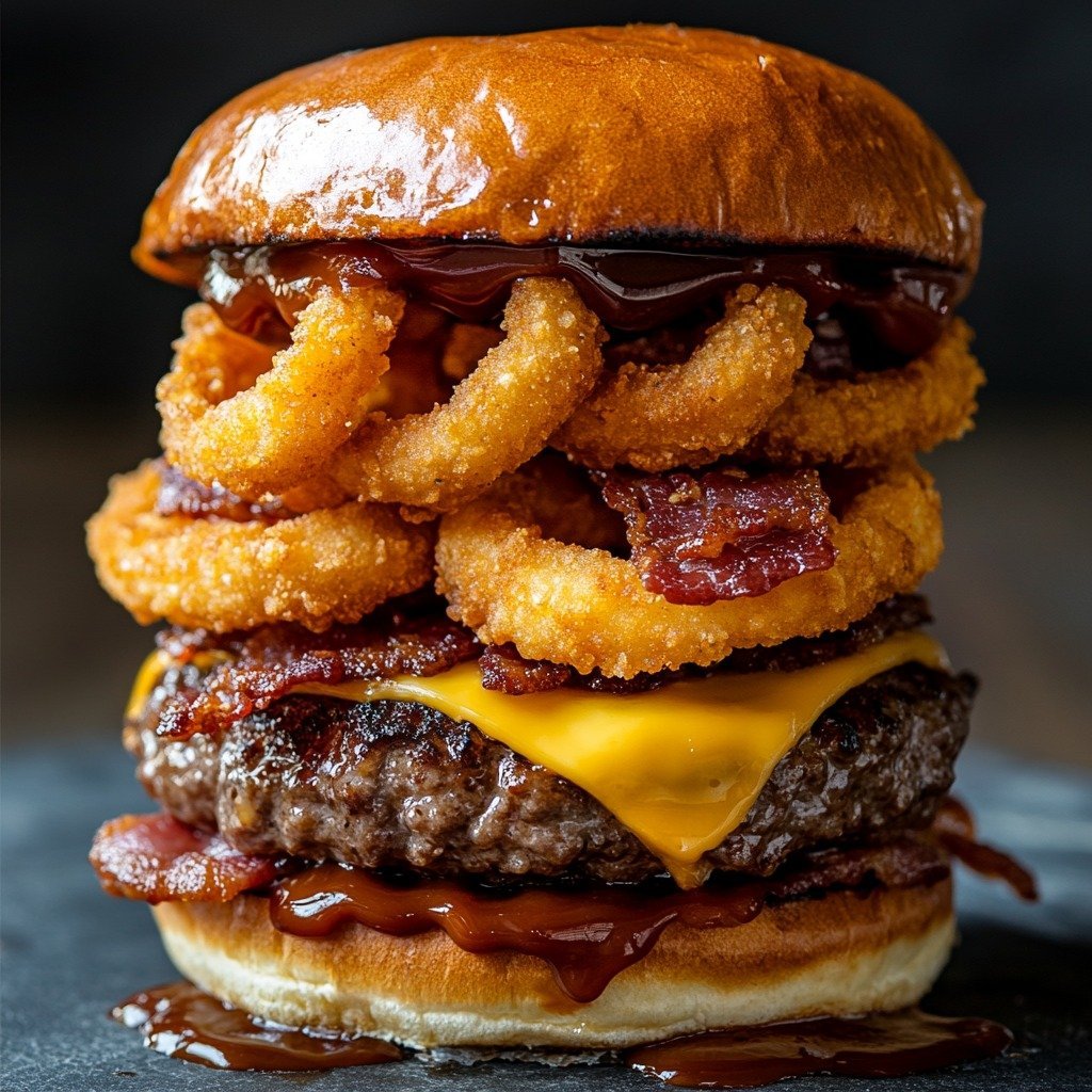 Smoky BBQ Bacon Cheeseburger with Crispy Onion Rings: Ultimate Flavor Packed Burger Recipe