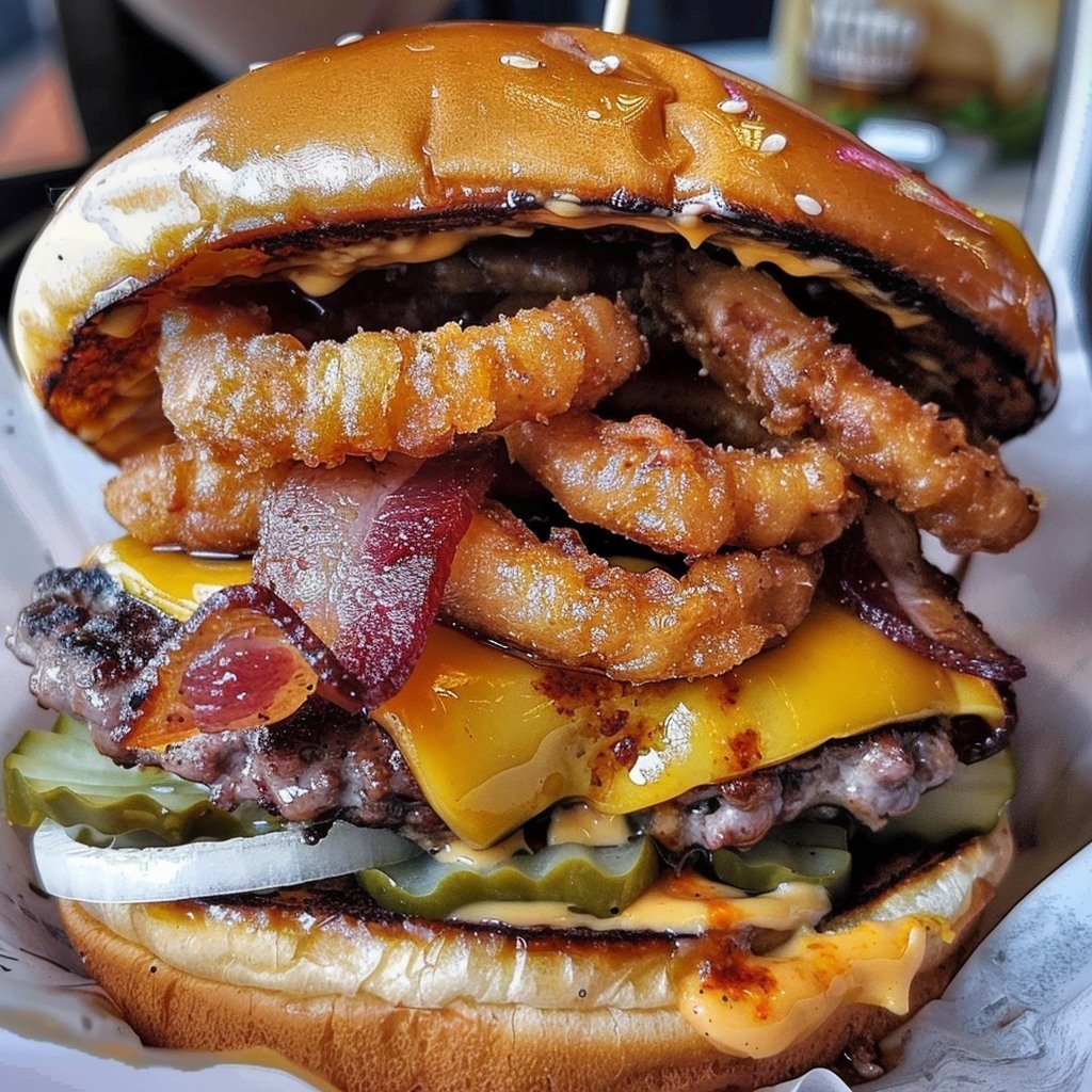 Ultimate Bacon Double Cheeseburger with Onion Rings