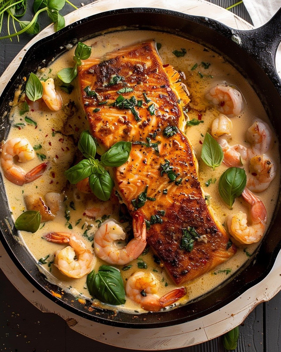 Saucy Salmon and Shrimp in Coconut Milk with Spinach