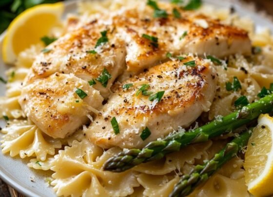 Lemon Garlic Chicken with Asparagus Creamy Bowtie Pasta prepared at home with simple ingredients and clear steps.