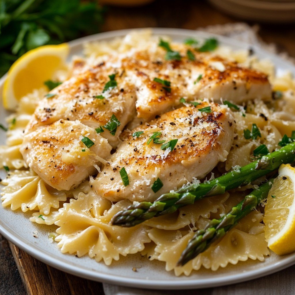 Lemon Garlic Chicken with Asparagus Creamy Bowtie Pasta