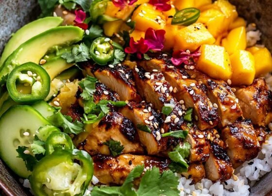 Chili Crisp Chicken Mango Cucumber Rice Bowl prepared at home with simple ingredients and clear steps.