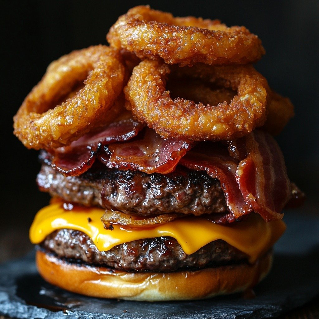 Smoky BBQ Bacon Cheeseburger with Crispy Onion Rings: Ultimate Flavor Packed Burger Recipe