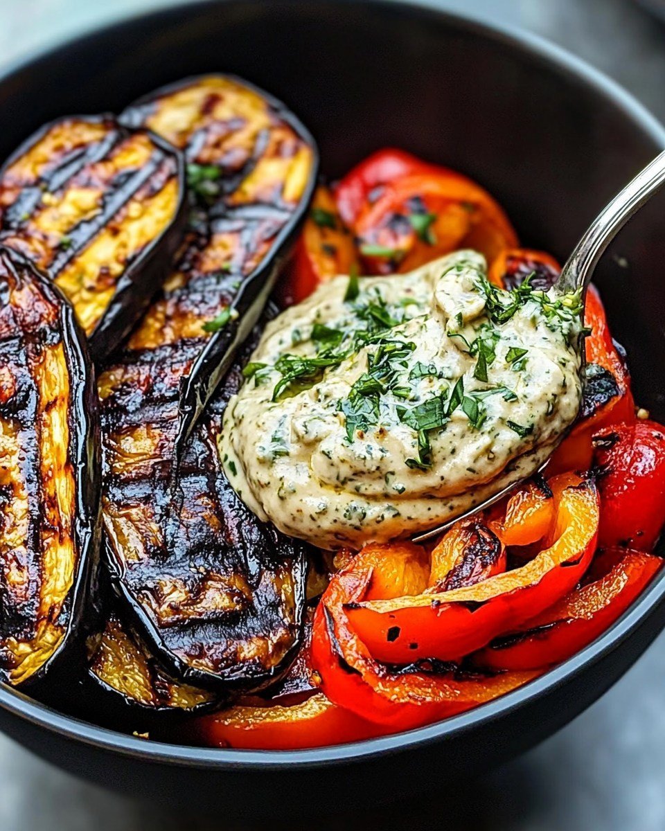 Grilled Portobello, Zucchini, and Red Pepper Bowl with Basil Pesto Aioli