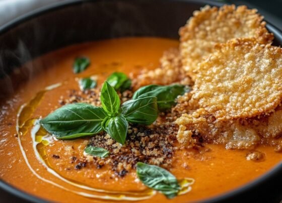 Tomato Basil Bisque with Parmesan Crisps prepared at home with simple ingredients and clear steps.