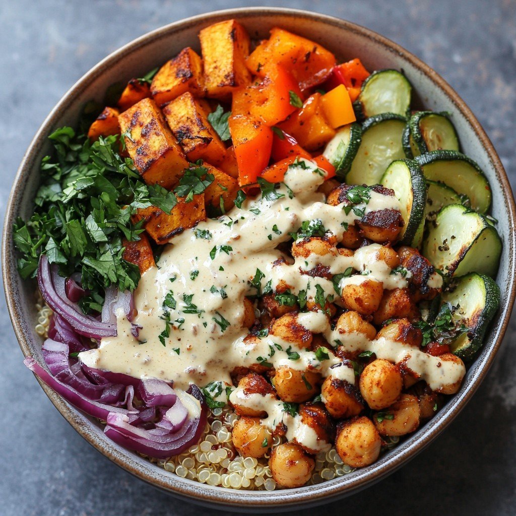 Quinoa Power Bowl with Roasted Vegetables and Tahini Dressing: Healthy and Nourishing Recipe