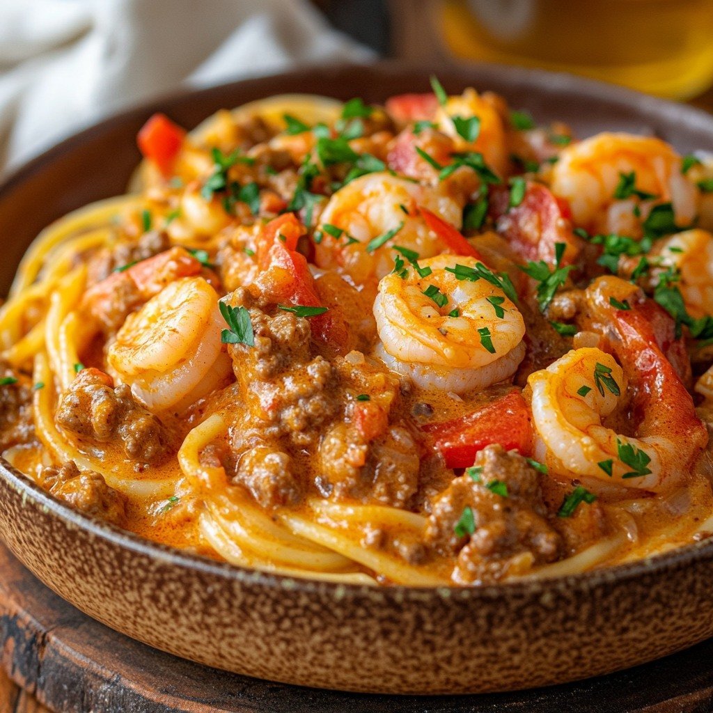Creamy Beef and Shrimp Spaghetti in Cajun Sauce