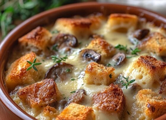 Savoury Bread Pudding with Mushrooms and Gruyère prepared at home with simple ingredients and clear steps.