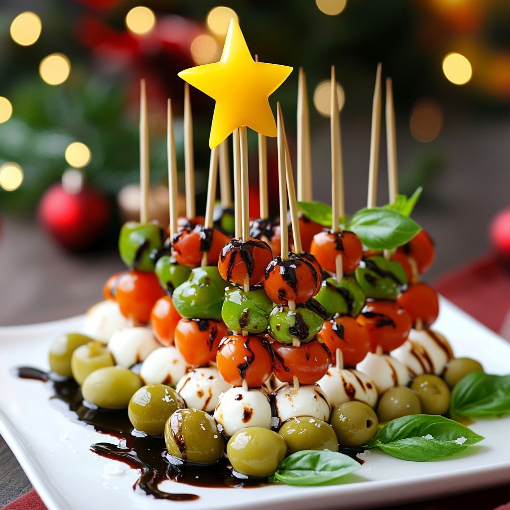 Mozzarella, Cheese, Basil, and Green Olive Skewers in a Christmas Tree Shape