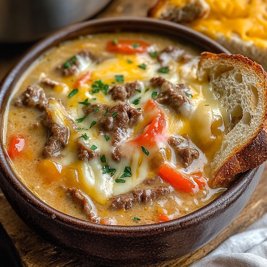 One-Pot Philly Cheesesteak Soup with Beef and Cheesy Toast