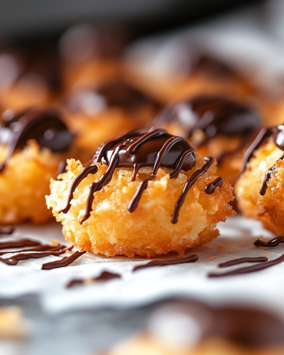 Golden Coconut Bliss Macaroons with Dark Chocolate Drizzle