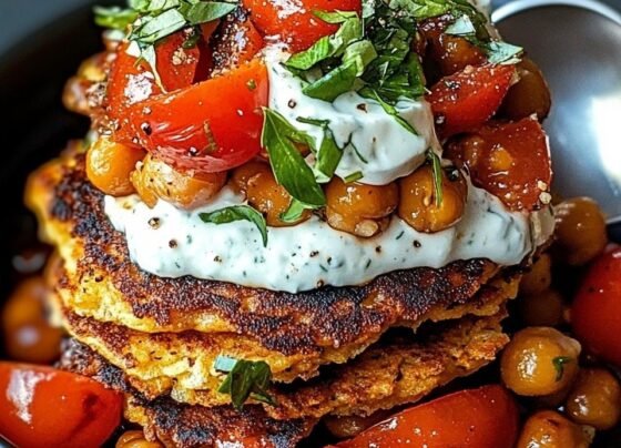 Chickpea Fritter Stack with Tzatziki & Tomato Salad prepared at home with simple ingredients and clear steps.