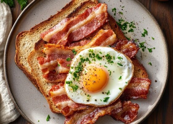 Bacon & Poached Eggs on Fried Bread prepared at home with simple ingredients and clear steps.