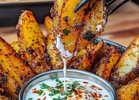 Loaded Potato Wedges with Cheddar Sour Cream Dip prepared at home with simple ingredients and clear steps.