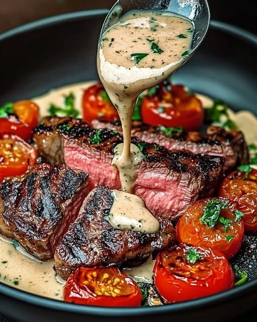 Seared Steak with Creamy Herb Sauce & Roasted Cherry Tomatoes